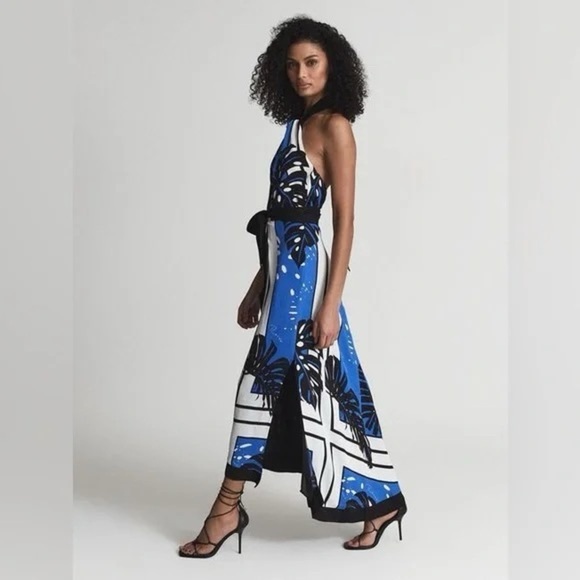 REISS ERIN Royal blue and white palm print halter neck maxi dress size 2. - Picture 2 of 13